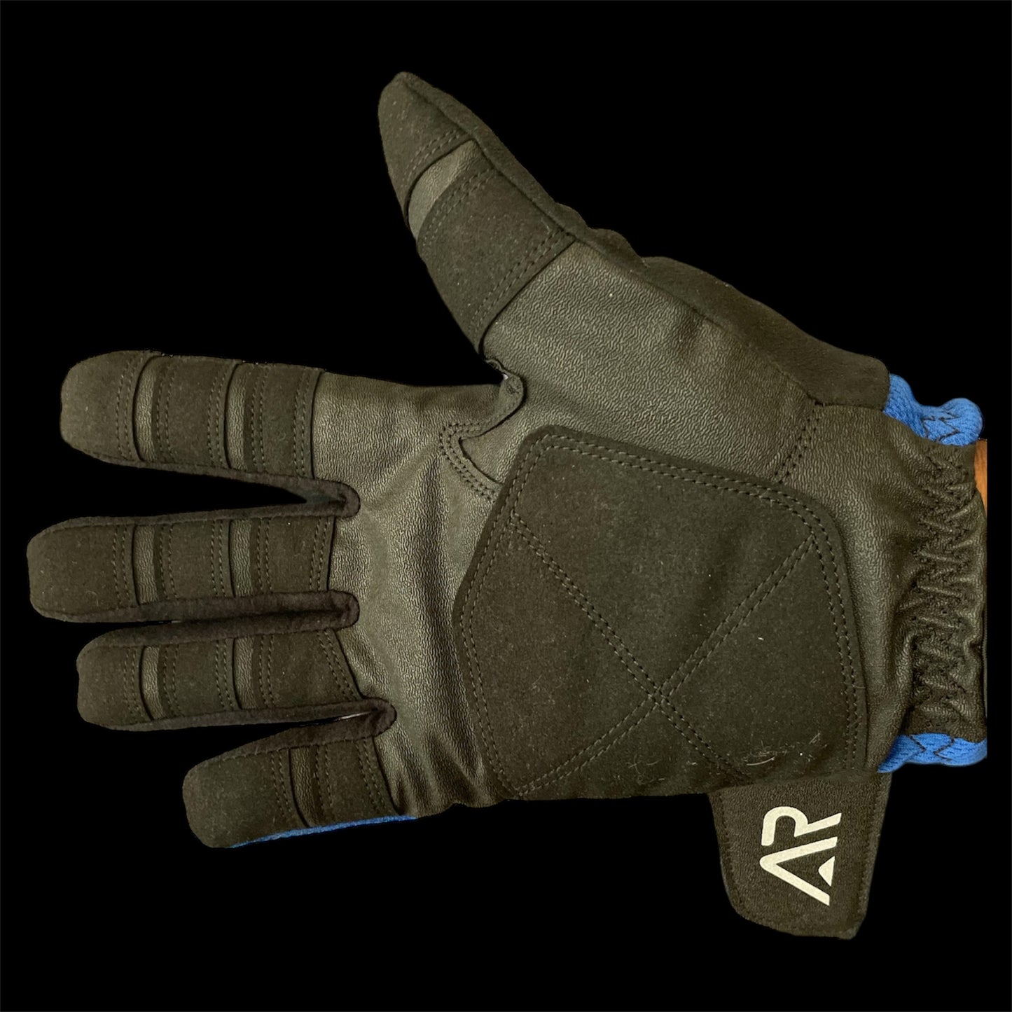 On a black background, the Black & Blue GEN2 Heated Sports Glove by arcticreaction showcases reinforced padding and an adjustable wrist. It’s enhanced for touchscreen use and sports a stylized AR logo on the index finger.