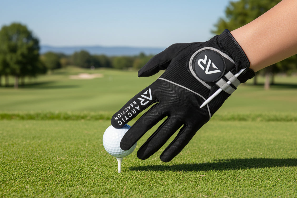 Black golf glove with a brand logo holding a golf ball on a golf course